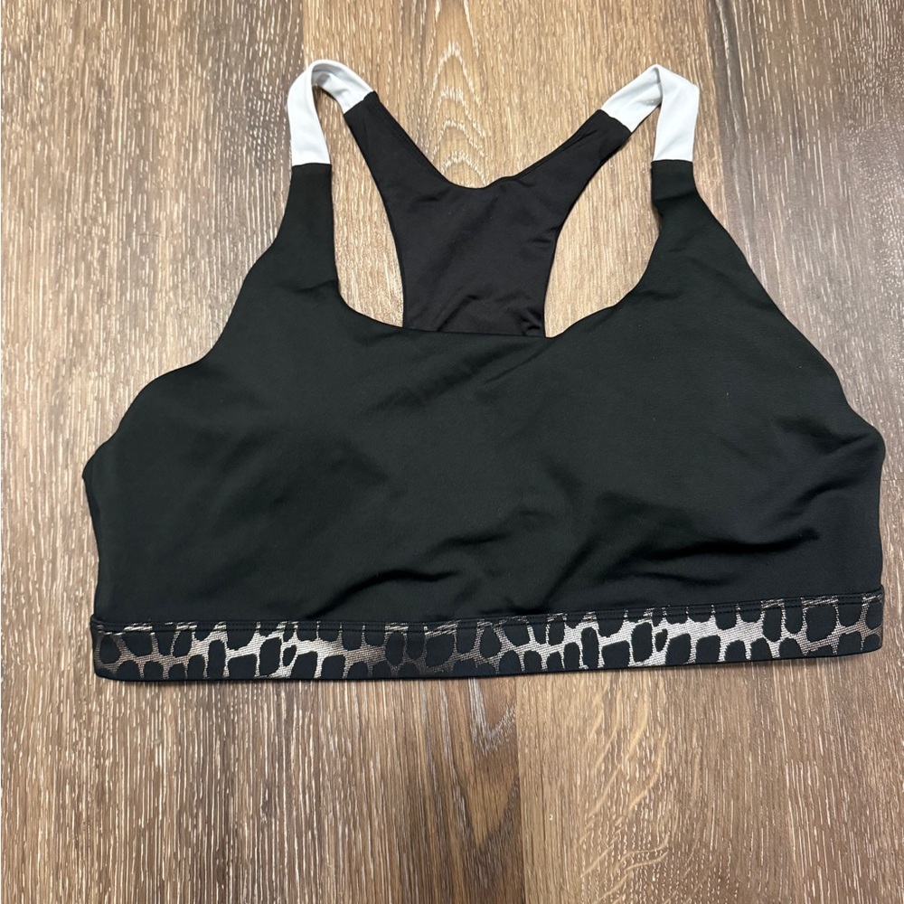 Zyia Black Racerback Sports Bra with Animal Print Band